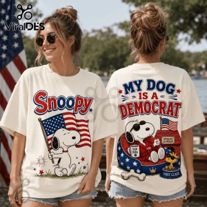 Cream-colored t-shirt featuring Snoopy holding a US flag on front and My Dog is a Democrat slogan with Snoopy on back.!