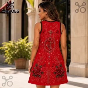 Woman wearing a sleeveless red dress featuring gold JJ monogram, crown, musical notes, and floral rose illustrations.!