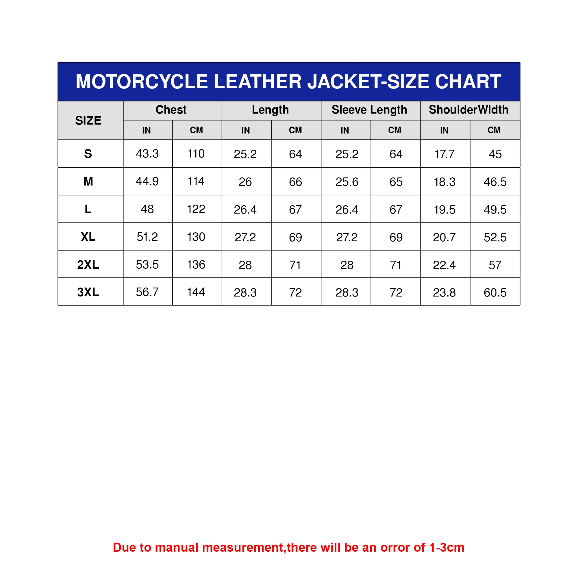Motorcycle Leather Jacket Size Chart