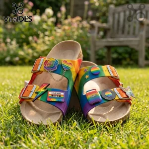 Rainbow pride slide sandals with cork footbeds, metal buckles, and enamel charms on a grass lawn background.!