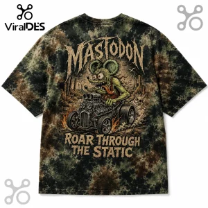Black and olive tie-dye t-shirt featuring a green rat driving a hot rod with the text Mastodon and Roar Through The Static.!
