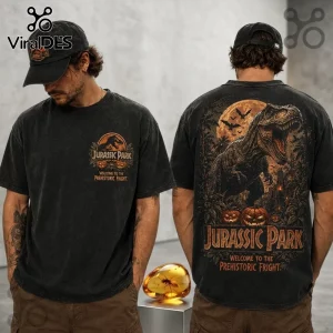 Jurassic Park Halloween T-Rex Pumpkin Black Cotton T-Shirt with large back graphic and small front logo print.