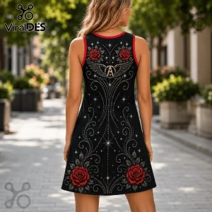 Black sleeveless dress featuring red roses, winged letter A emblem, and rhinestone-style swirls on a blurred street.!