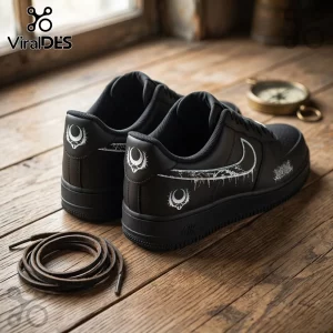 Matte black sneakers with white crescent moon graphics, distressed swoosh details, and brown laces on wooden floorboards.!