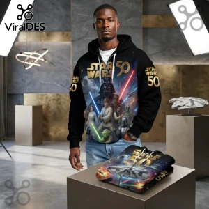 Star Wars 50th Anniversary Black Waffle Hoodie featuring Darth Vader, Luke Skywalker, and Millennium Falcon graphic print.