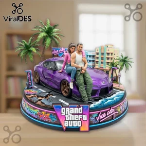 Grand Theft Auto VI diorama featuring a purple Toyota Supra, two figures, palm trees, and Vice City signage on a base.!
