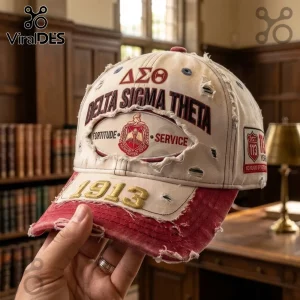 Distressed cream and red Delta Sigma Theta baseball cap featuring the sorority crest, 1913 embroidery, and Greek lettering.!