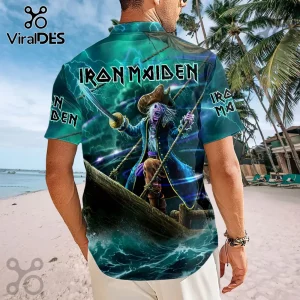 Iron Maiden button-up shirt featuring Eddie as a pirate on a ship against a stormy teal background.!