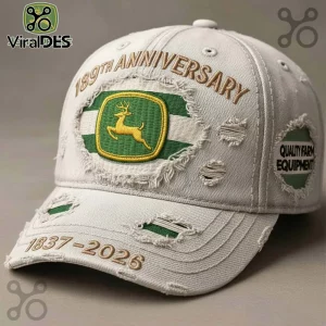 Distressed cream-colored baseball cap with John Deere logo, reading 189th Anniversary and 1837-2026 with green accents.!