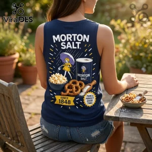 Morton Salt Vintage 1848 V-Neck Tank Top featuring the iconic umbrella girl logo, pretzels, and popcorn graphic on navy.