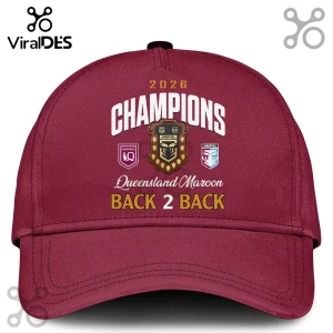 Maroon baseball cap featuring 2026 Queensland Maroons Champions graphic with team crest and Back 2 Back text.!