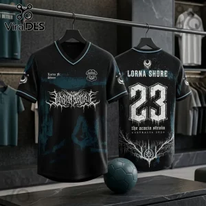 Black sports jersey featuring Lorna Shore band logo, white number 23, and The Acacia Strain text on a fabric hanger.!