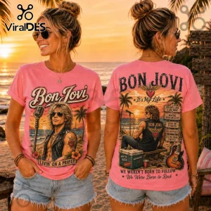 Pink crew neck t-shirt featuring Bon Jovi concert graphics, text references to his hits, and beach sunset imagery.!