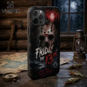 Friday the 13th Jason Voorhees hockey mask iPhone case with forest, full moon, and text Camp fear never sleeps.!