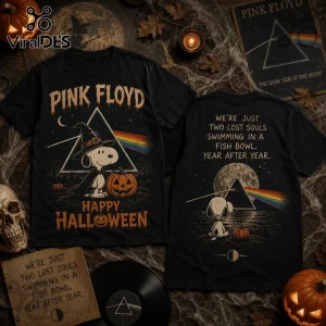 Snoopy Pink Floyd Dark Side of the Moon Halloween T-Shirt featuring witch Snoopy, a pumpkin, and prism art on black cotton.