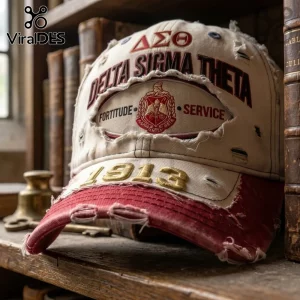 Distressed cream and red baseball cap with Delta Sigma Theta Greek letters, crest, 1913 embroidery, and Fortitude text.!