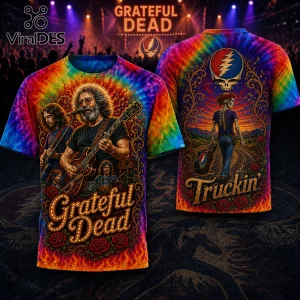 Grateful Dead tie-dye t-shirt featuring Jerry Garcia playing guitar on front and a walking skeleton on back.!
