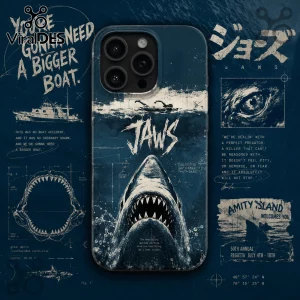 Jaws Bigger Boat Vintage Great White Shark phone case featuring a blue blueprint design with a shark and movie quotes.