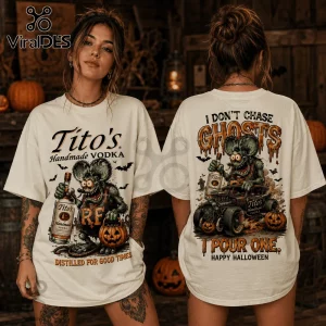 Tito's Vodka Rat Halloween Hot Rod T-Shirt featuring a graphic of a rat driving a car with a bottle of vodka.