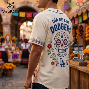 Los Angeles Dodgers Dia De Los Muertos cream baseball jersey featuring a back sugar skull graphic and floral print.
