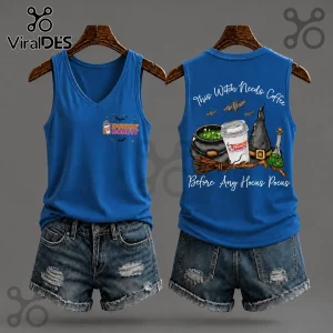 Dunkin Donuts Halloween 2026 V-Neck Tank Top in blue featuring a cauldron, witch hat, and coffee cup graphic on the back.