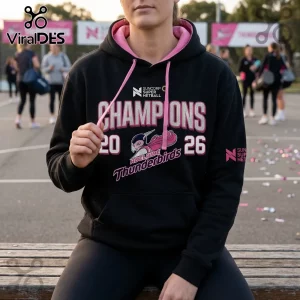 Black hoodie featuring pink lining, pink drawstrings, and Adelaide Thunderbirds 2026 Champions graphics on the chest.!