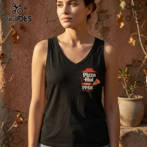 Pizza Hut 1958 Vintage Logo V-Neck Tank Top in black worn by a woman with a red printed chest graphic.