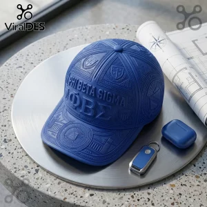 Blue Phi Beta Sigma baseball cap with embossed Greek letters and crests on a metal tray with accessories.!