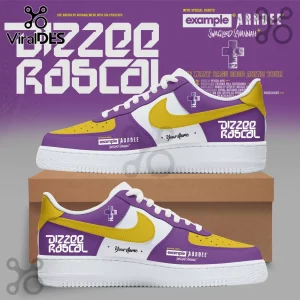 Custom purple, white, and yellow sneakers featuring Dizzee Rascal tour graphics and custom name text on leather.!