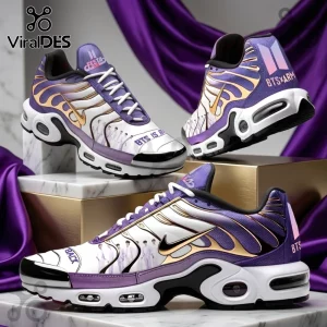 BTS x ARMY Purple Air Cushion Air Max Sport Shoes featuring purple and white gradient patterns, gold accents, and band logos.