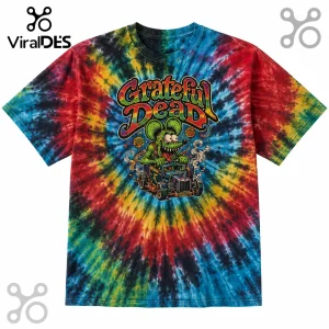 Grateful Dead tie-dye t-shirt featuring a green rat character driving a hot rod car in a multicolored spiral pattern.!