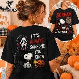 Snoopy x Scream Halloween Black T-Shirt 2026 featuring Snoopy, Woodstock, and Ghostface in a horror movie scene graphic.