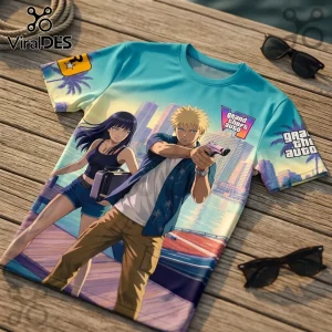 Naruto and Hinata character print on light blue t-shirt with Grand Theft Auto logo and Miami style city background.!