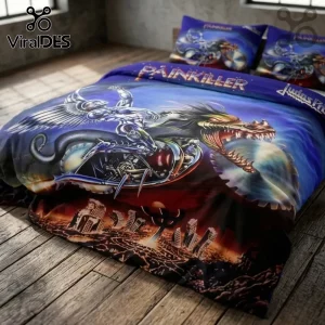 Judas Priest Painkiller album cover art printed bedding set with matching pillowcases on a wooden floor bedroom set.!