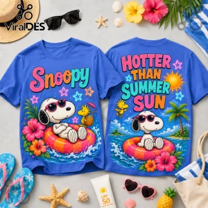 Blue t-shirt pair featuring Snoopy and Woodstock on inner tubes with tropical flowers and Hotter Than Summer Sun text.!