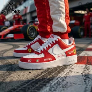 Scuderia Ferrari Formula 1 Custom Nike Air Force 1 sneakers with red and white leather panels on a racetrack background.
