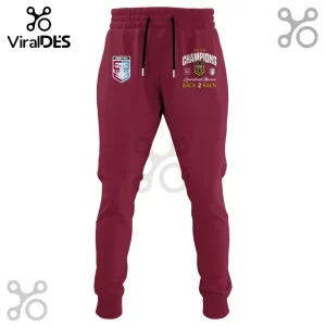 Maroon sweatpants with Ampol logo and 2026 Queensland Maroon Back 2 Back Champions graphics on a white background.!
