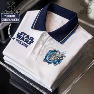 White polo shirt with navy blue collar, Millennium Falcon graphic, and custom Star Wars logo text.!