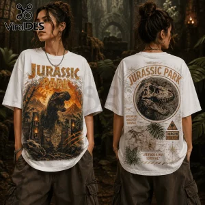 Jurassic Park graphic t-shirt with front T-Rex print and back skull illustration on white cotton fabric.!