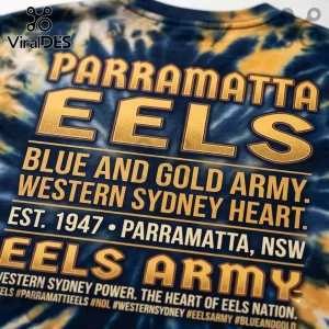 Parramatta Eels Blue and Gold Tie Dye T-Shirt featuring bold gold lettering on a dark blue and gold tie dye pattern fabric.