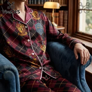 Gryffindor pajama set with red and black diamond pattern, white trim, gold lion crests, and Harry Potter logo patch.!