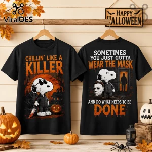 Snoopy Halloween Michael Myers Chillin Killer T-Shirt showing front and back designs with spooky horror-themed graphics.