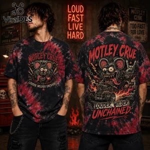 Mötley Crüe tie-dye t-shirt featuring a cartoon rat driving a hot rod with red and black vintage-style fabric wash.!