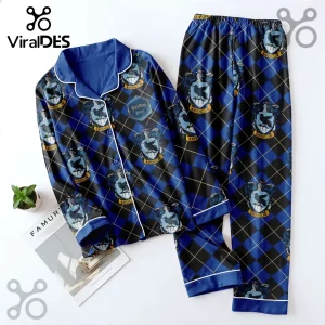 Harry Potter Ravenclaw pajama set with blue and black argyle pattern and repeating house crests on a white background.!