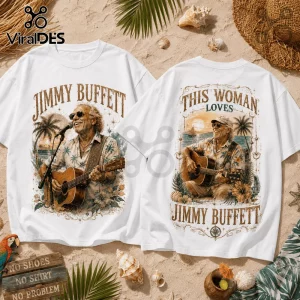 White cotton t-shirts with Jimmy Buffett graphics, palm trees, acoustic guitars, and beach themes on a sand background.!
