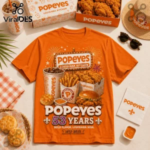 Popeyes Louisiana Kitchen 53 Years Anniversary Orange T-Shirt with graphic print of fried chicken, biscuits, and fireworks.