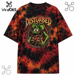 Disturbed band t-shirt with tie-dye black and orange pattern and a green rat character graphic on a crew neck cotton tee.!