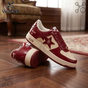 Maroon and cream patent leather Bape Sta sneakers featuring Delta Sigma Theta Greek letters on a wooden floor.!