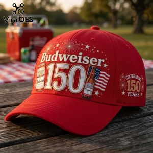 Budweiser 150th Anniversary Red Baseball Cap featuring white 150 text, firework graphics, and a bottle icon.