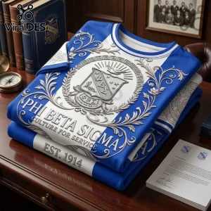 Phi Beta Sigma sweatshirt in royal blue and white featuring a silver 3D crest, filigree details, and EST. 1914 text.!